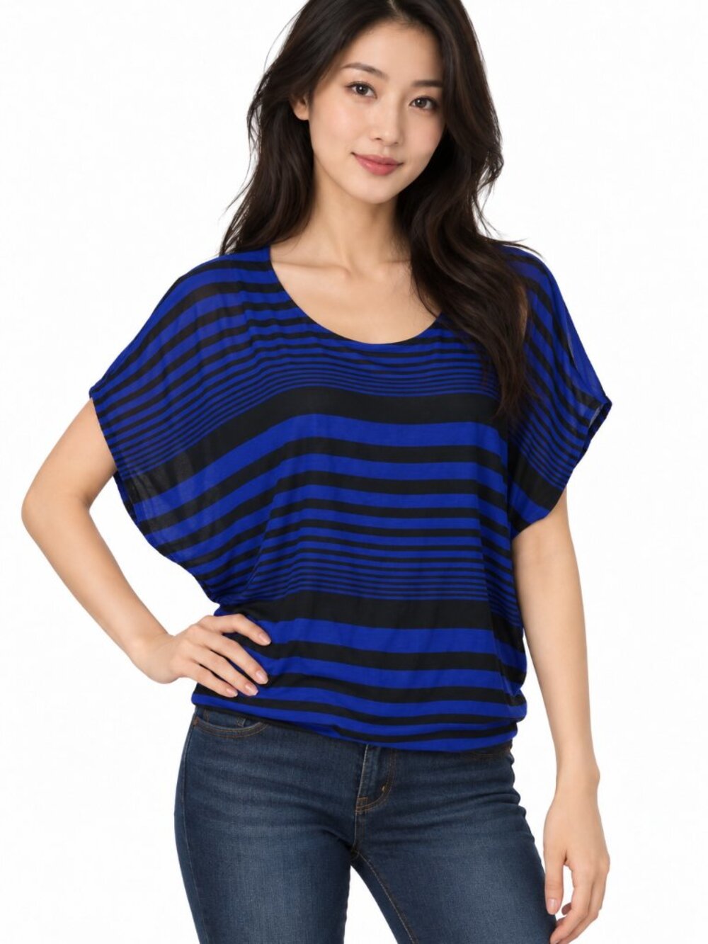 Christine Gerard Women’s Blue and Black Striped Dolman Blouse Size Large
